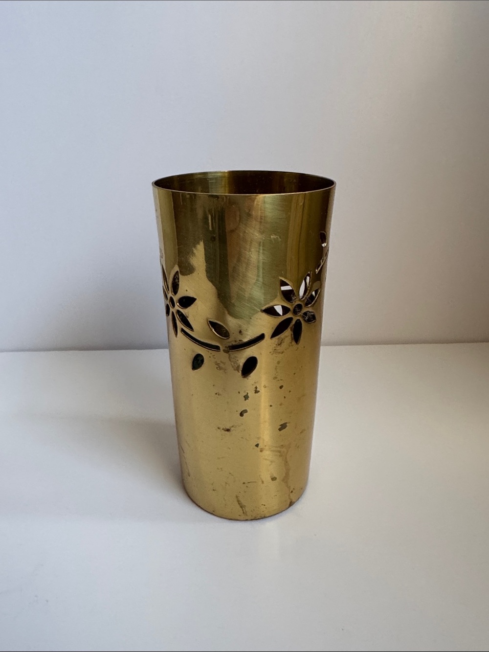 Vintage Gold Brass Floral Cutout Tumbler Vase Made in India